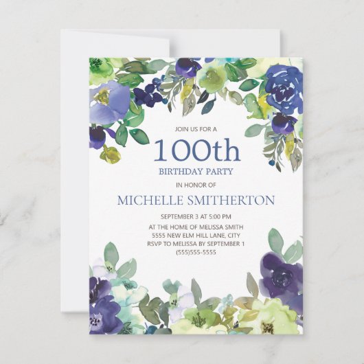 Navy Blue Sage Green Floral 100th Birthday Party Kaart (Voorkant)