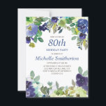 Navy Blue Sage Green Floral 80th Birthday Party Kaart<br><div class="desc">80e verjaardagsfeestdag met  marinesblauw en groene waterverf bloemen. U kunt de tekst op deze kaart aanpassen voor een verjaardagsfeestje voor elke leeftijd die u viert.</div>