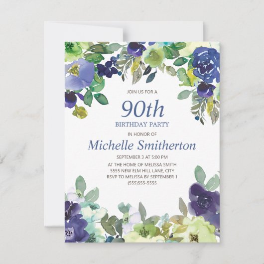Navy Blue Sage Green Floral 90th Birthday Party Kaart (Voorkant)