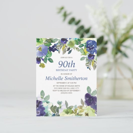Navy Blue Sage Green Floral 90th Birthday Party Kaart (Staand voorkant)