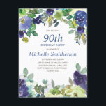 Navy Blue Sage Green Floral 90th Birthday Party Kaart<br><div class="desc">90e verjaardagsfeestdag met  marinesblauw en groene waterverf bloemen. U kunt de tekst op deze kaart aanpassen voor een verjaardagsfeestje voor elke leeftijd die u viert.</div>