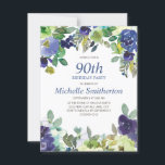 Navy Blue Sage Green Floral 90th Birthday Party Kaart<br><div class="desc">90e verjaardagsfeestdag met  marinesblauw en groene waterverf bloemen. U kunt de tekst op deze kaart aanpassen voor een verjaardagsfeestje voor elke leeftijd die u viert.</div>