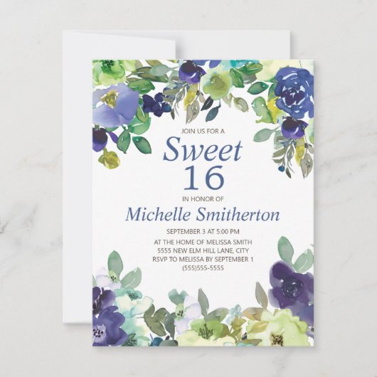 Navy Blue Sage Green Floral Sweet 16 Kaart (Voorkant)
