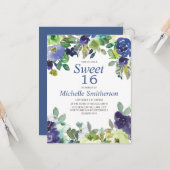 Navy Blue Sage Green Floral Sweet 16 Kaart (Voorkant / Achterkant in situ)