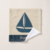 navy blue sailboat & Monogram Beige Coastal home Bad Handdoek (Wasdoekje)