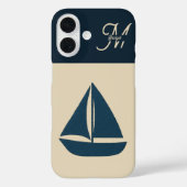 navy blue sailboat & Monogram Beige Coastal home Case-Mate iPhone Case (Achterkant)