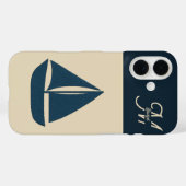 navy blue sailboat & Monogram Beige Coastal home Case-Mate iPhone Case (Achterkant (horizontaal))