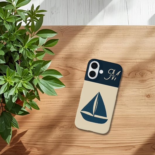 navy blue sailboat & Monogram Beige Coastal home Case-Mate iPhone Case