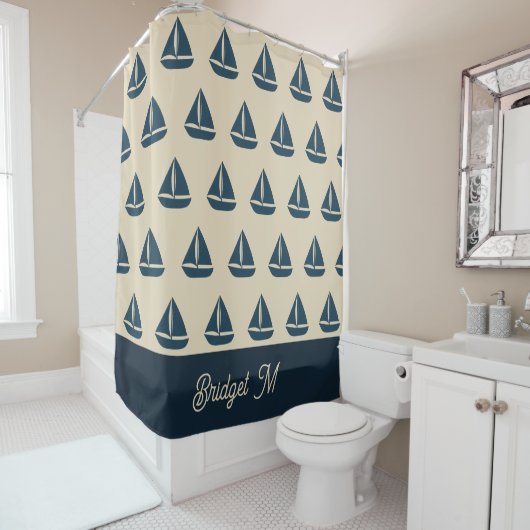 navy blue sailboat & Monogram Beige Coastal home Douchegordijn (In situ)