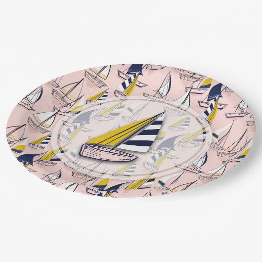 Navy Blue Sailboat Party Papieren Bordje (Gekanteld)