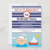 Navy Blue Sailor Boy en Sailboat Eerste Verjaardag Kaart (Voorkant)