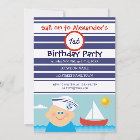 Navy Blue Sailor Boy en Sailboat Eerste Verjaardag Kaart (Voorkant)