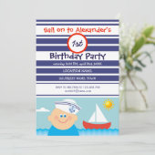 Navy Blue Sailor Boy en Sailboat Eerste Verjaardag Kaart (Staand voorkant)
