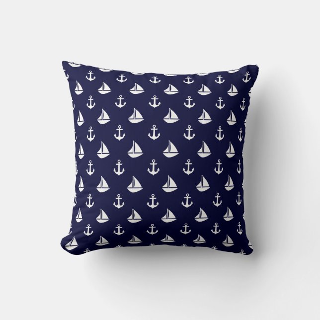 Navy Blue Sailships en Anchors Pattern Kussen (Voorkant)