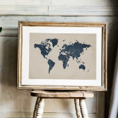 Navy Blue Sand Beige Wereldkaart Poster