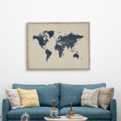 Navy Blue Sand Beige Wereldkaart Poster