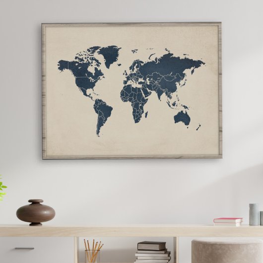 Navy Blue Sand Beige Wereldkaart Poster