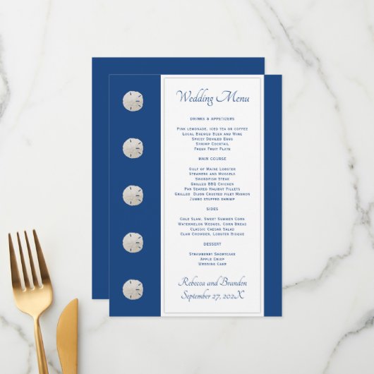 Navy Blue Sand Dollars Wedding Menu Sjabloon (Voorkant / Achterkant in situ)