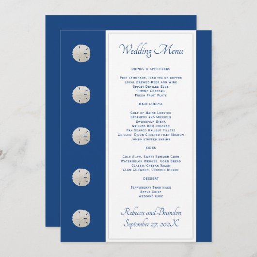 Navy Blue Sand Dollars Wedding Menu Sjabloon (Voorkant / Achterkant)