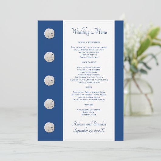 Navy Blue Sand Dollars Wedding Menu Sjabloon (Staand voorkant)