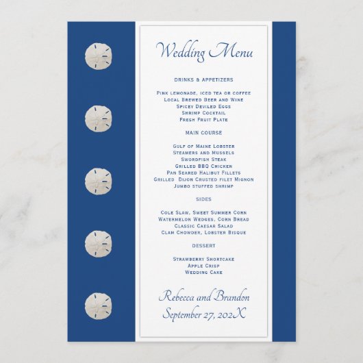 Navy Blue Sand Dollars Wedding Menu Sjabloon (Voorkant)