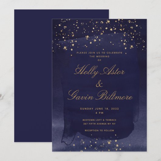 Navy Blue Sapphire & Gold Wedding Invitation Kaart (Voorkant / Achterkant)
