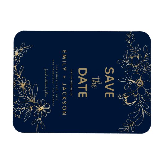 Navy Blue Save the Date Floral Gold Foil Magneet (Horizontaal)
