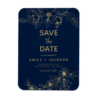 Navy Blue Save the Date Floral Gold Foil Magneet