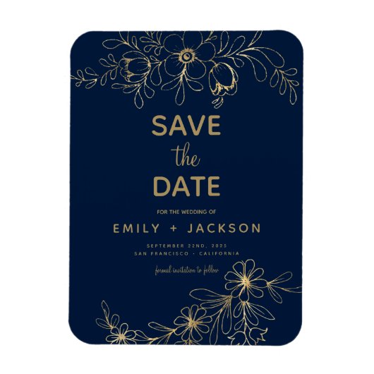Navy Blue Save the Date Floral Gold Foil Magneet (Verticaal)