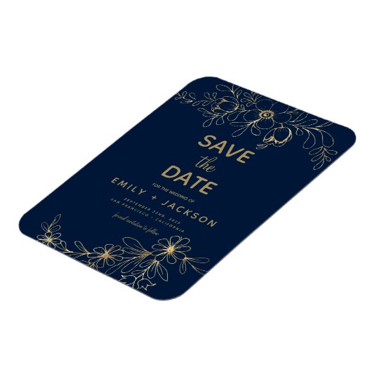 Navy Blue Save the Date Floral Gold Foil Magneet (Linkerzijde)