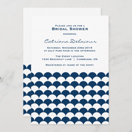 Navy Blue Scallop Pattern Bridal Shower Kaart (Voorkant / Achterkant)