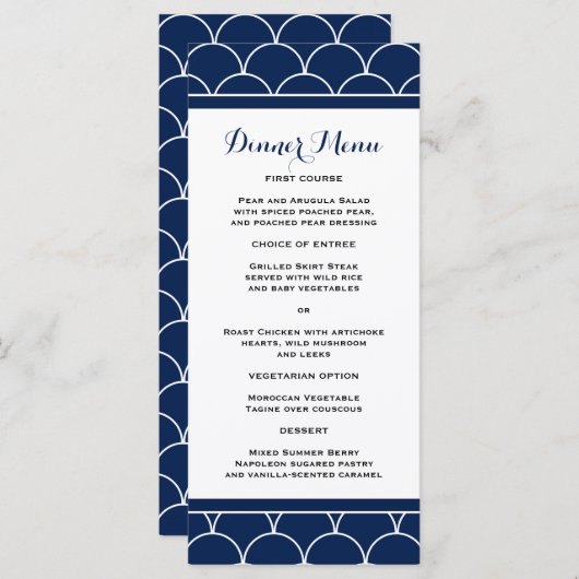 Navy Blue Scallop Pattern Slim Dinner Menu (Voorkant / Achterkant)