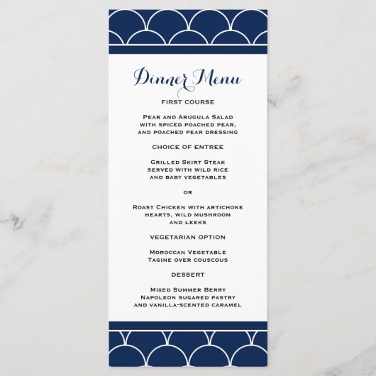 Navy Blue Scallop Pattern Slim Dinner Menu (Voorkant)