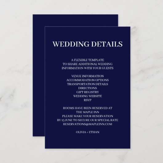 Navy Blue Scandinavian Minimal Wedding Design Informatiekaartje (Voorkant / Achterkant)