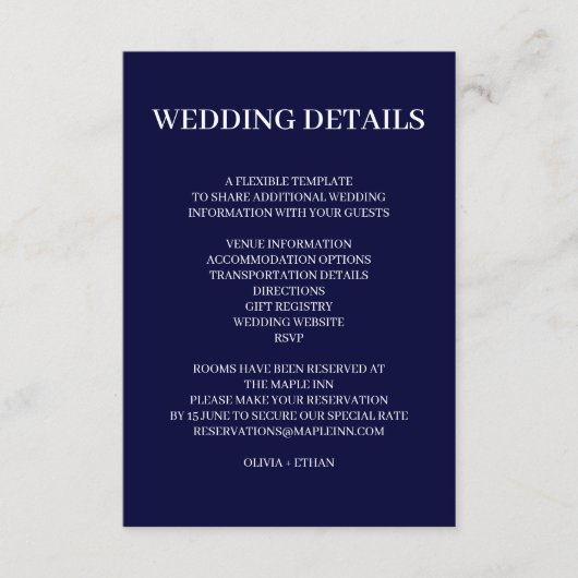 Navy Blue Scandinavian Minimal Wedding Design Informatiekaartje (Voorkant)