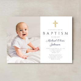 Navy Blue Schrift Kruis Jongen Foto Doop Kaart