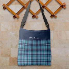 Navy Blue Scottish Tartan Pattern Crossbody Tas