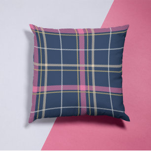 Navy Blue Scottish Tartan Pset Pink White Stripe Kussen