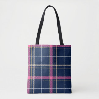 Navy Blue Scottish Tartan Pset Pink White Stripe Tote Bag