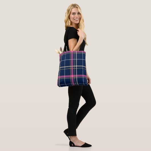 Navy Blue Scottish Tartan Pset Pink White Stripe Tote Bag (Op model)