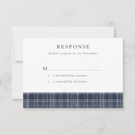 Navy Blue Scottish Tartan Wedding RSVP Kaartje (Voorkant)
