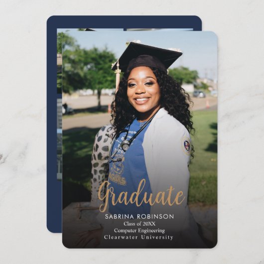 Navy Blue Script 5 Photo Afstuderen Aankondiging (Voorkant / Achterkant)