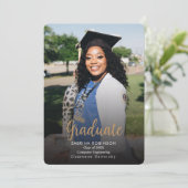 Navy Blue Script 5 Photo Afstuderen Aankondiging (Staand voorkant)