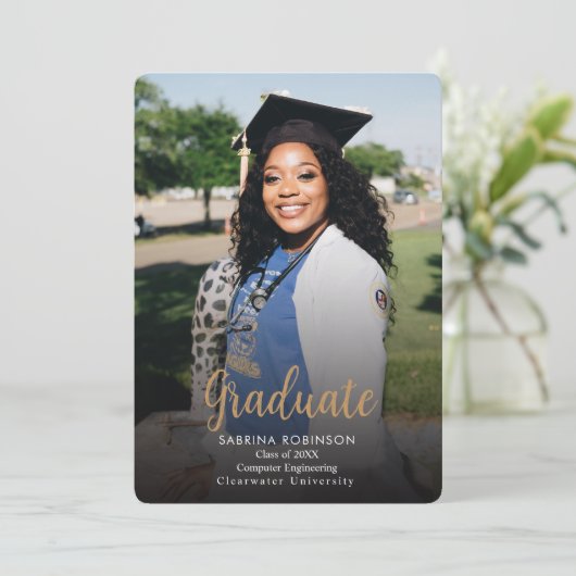 Navy Blue Script 5 Photo Afstuderen Aankondiging (Staand voorkant)