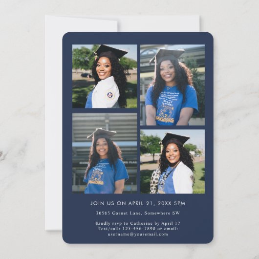 Navy Blue Script 5 Photo Afstuderen Aankondiging (Achterkant)