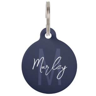 Navy Blue Script - Aangepast monogram en naam Pe Huisdierpenning