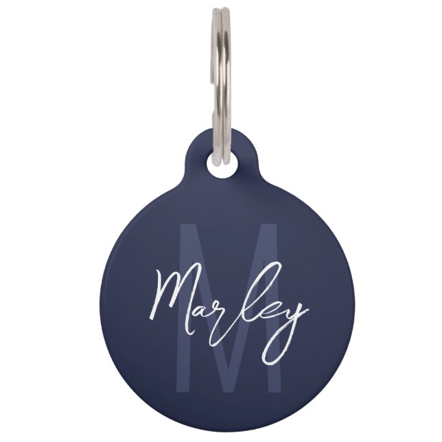 Navy Blue Script - Aangepast monogram en naam Pe Huisdierpenning (Voorkant)