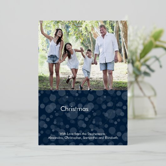 Navy Blue Script Bokeh Merry-kerstfoto Folie Feestdagenkaart (Staand Voorkant)