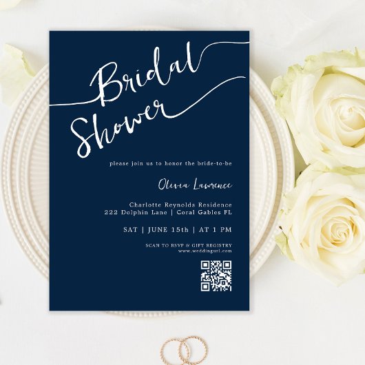Navy Blue Script Bridal Shower-uitnodiging Kaart