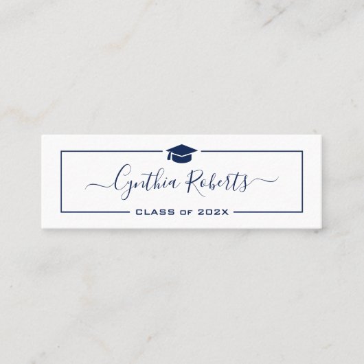 Navy Blue Script Classy Afstuderen Afstuderen Mini Visitekaartje (Voorkant)
